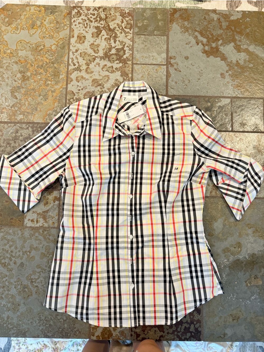 New York & Company White Plaid Button-Up Shirt with Black and Pink Stripes